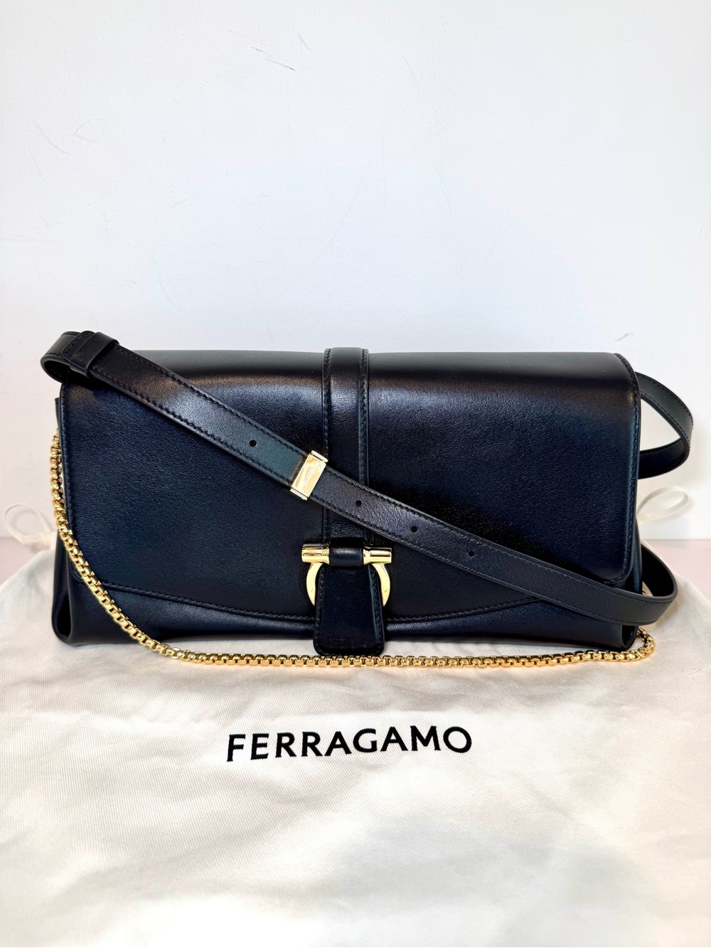 Ferragamo New Line Medium Black Leather Shoulder Bag W 2 Straps & Gold Accents